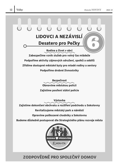 Náhled strany Pečeckých novin 9/2018 — volební inzerce LIDOVCI A NEZÁVISLÍ