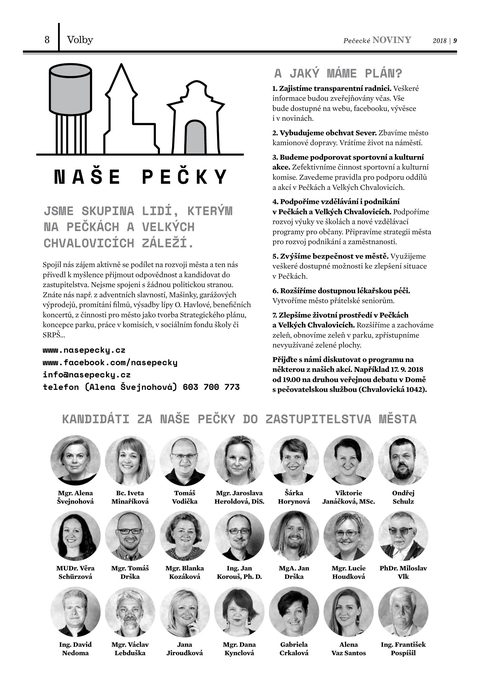 Náhled strany Pečeckých novin 9/2018 — volební inzerce SNK NAŠE PEČKY