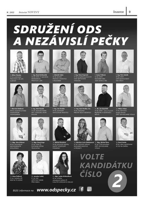 Náhled strany 9 Pečeckých novin 9/2022 — volební inzerce Sdružení ODS a nezávislých kandidátů