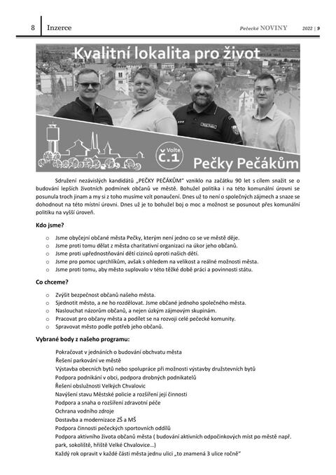Náhled strany 8 Pečeckých novin 9/2022 — volební inzerce SNK Pečky Pečákům