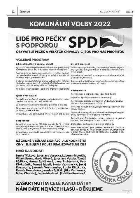 Náhled strany 12 Pečeckých novin 9/2022 — volební inzerce Lidé pro Pečky s podporou SPD